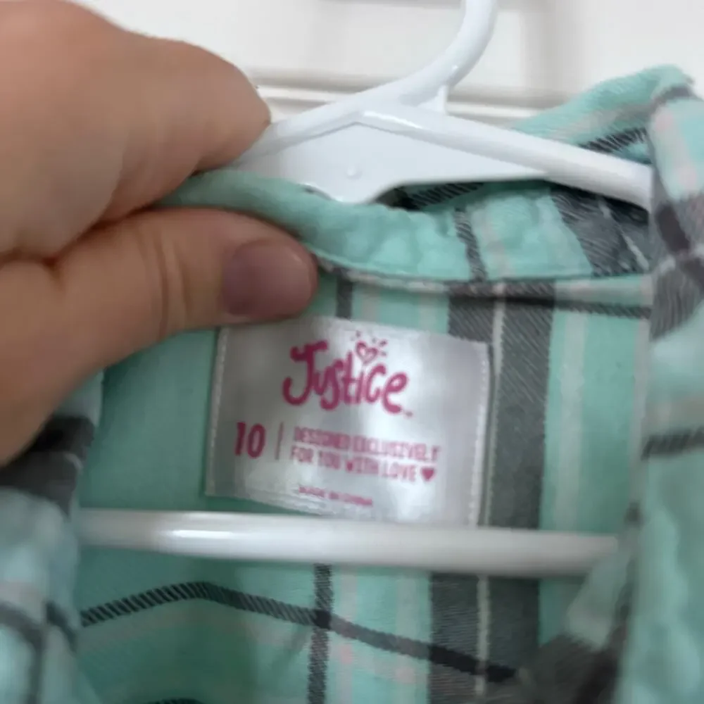 Justice Teal & Gray Plaid Flannel Button Down - Size 10